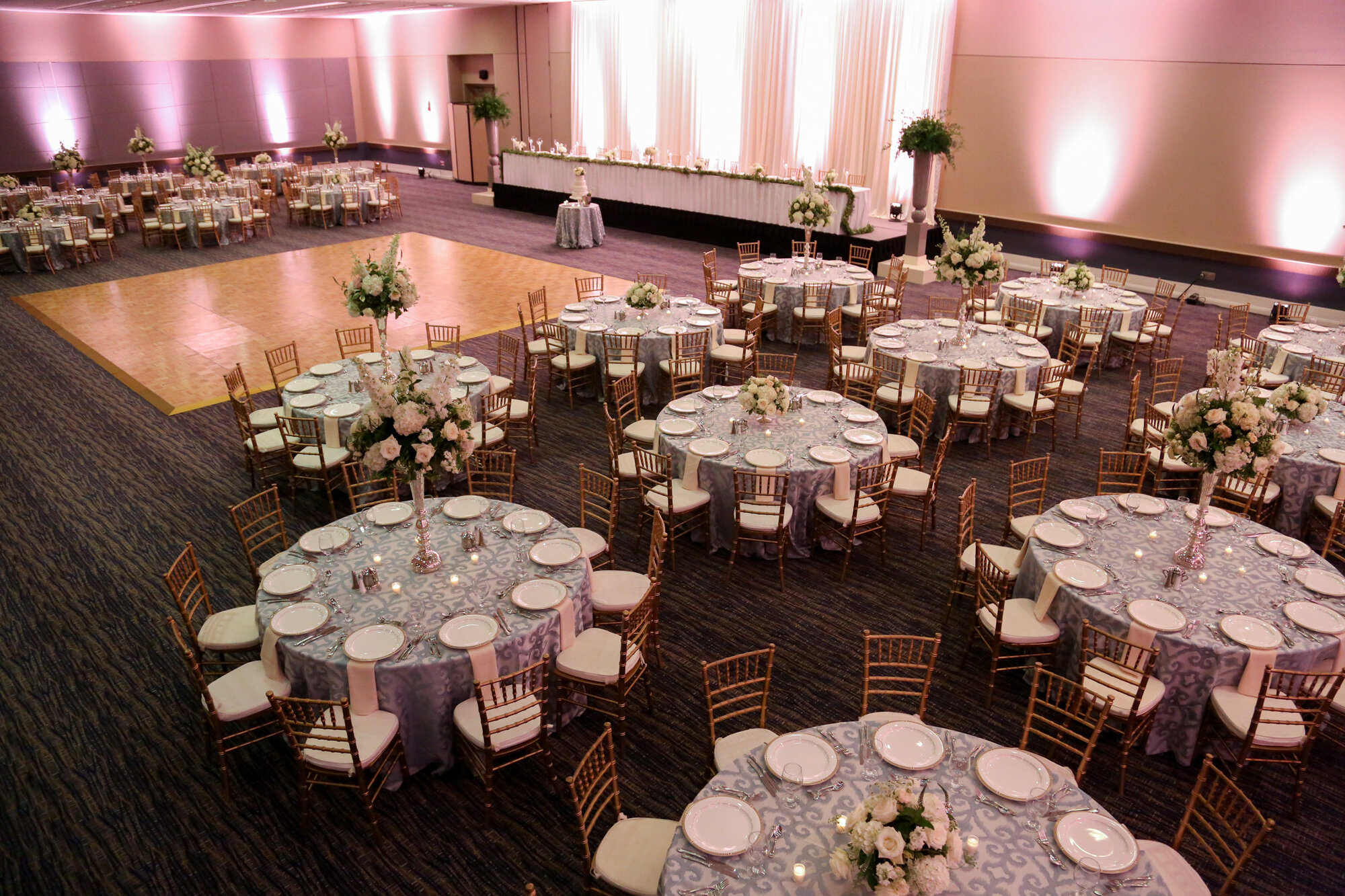 Beautiful pink decor in one of our ballrooms in Kansas City